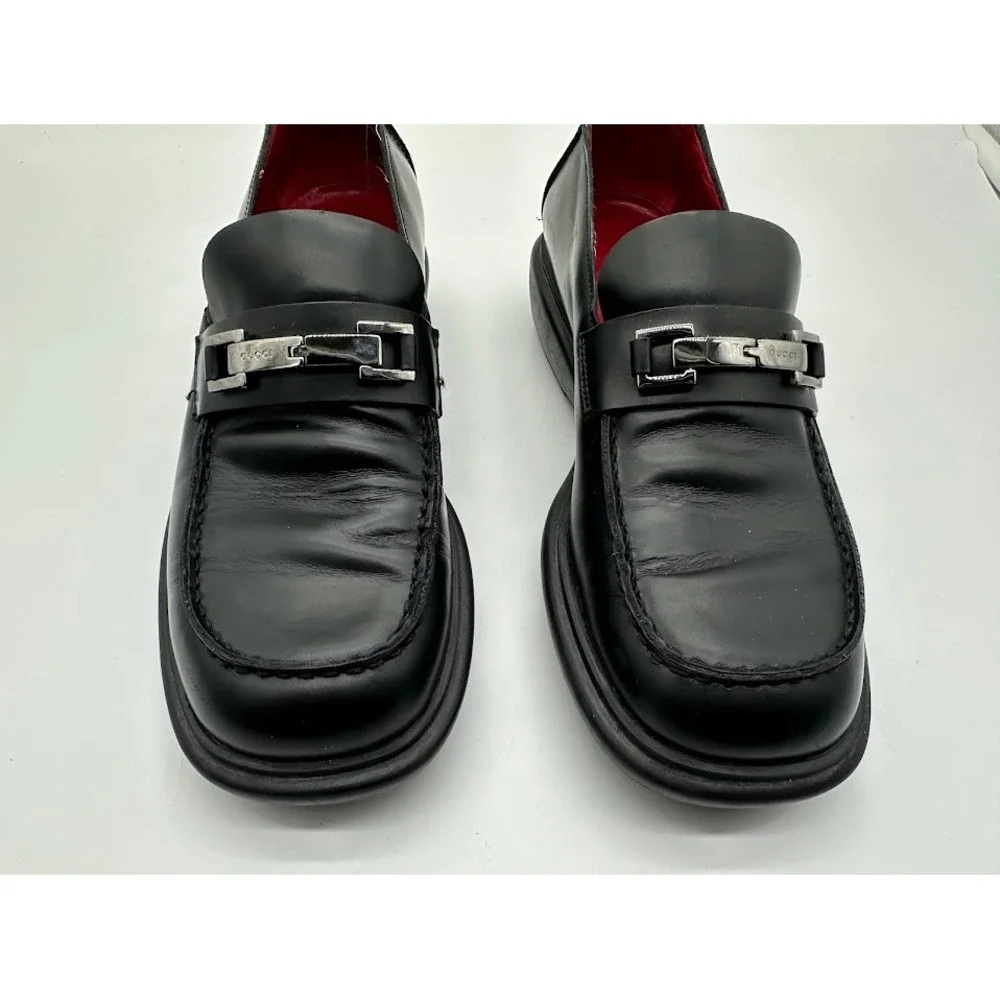 Gucci Mens Black Leather Metal Buckle Loafers Red Lining Made in Italy 8